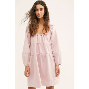 Free People Lou Jean Babydoll Denim Dress Dusty Pink Size Small Balloon Sleeves